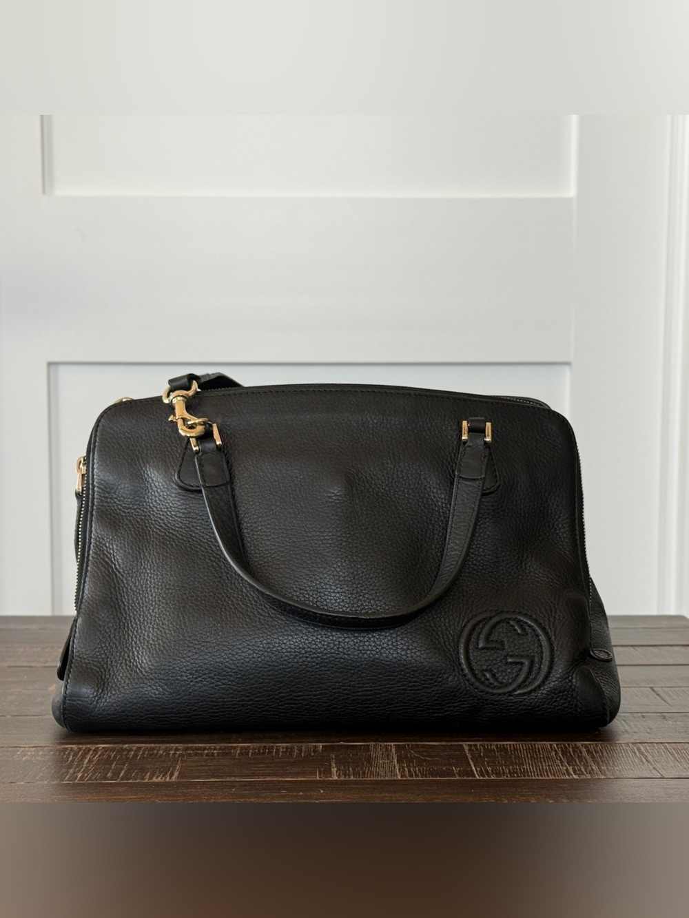 Gucci Black Pebbled Leather Duffel with Gold-Tone Hardware